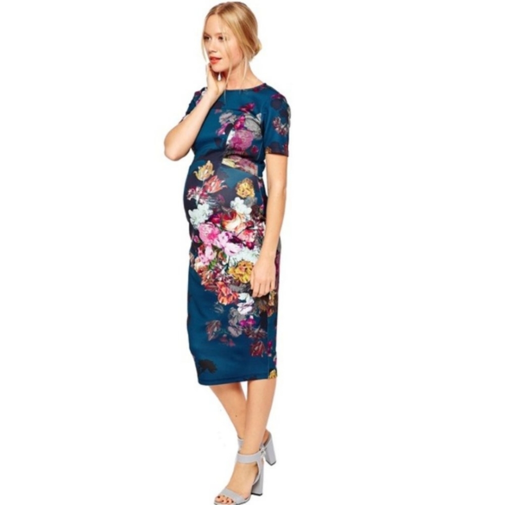 ASOS Curve Blue Teal Floral Maternity Dress Midi